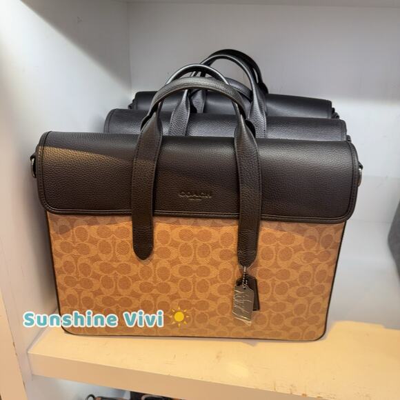 NWT Coach Sullivan Portfolio Brief In Signature Canvas cz402 tan Black - Picture 1 of 12